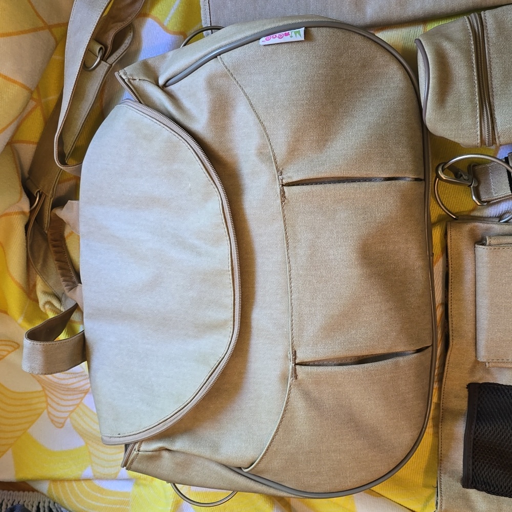 VGUC- Minene Tan Baby Diaper Bag with Adjustable Straps And Accessories